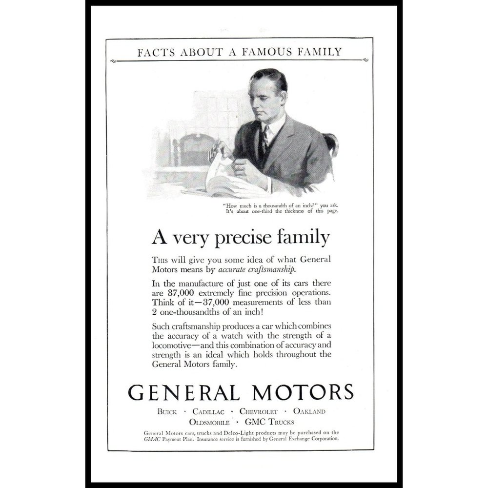 1924 GM General Motors Car Company Vintage Print Ad Facts Famous Family Wall Art